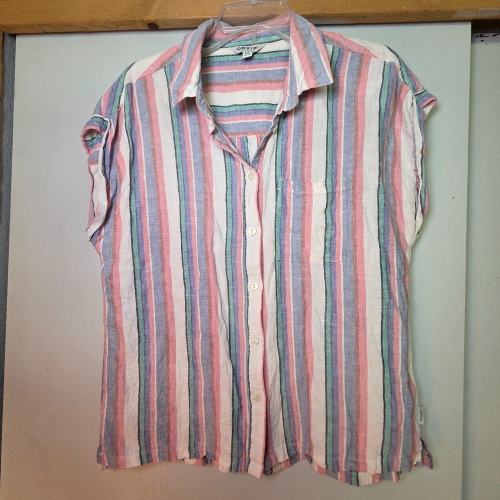 Orvis Women's Linen Blend Top Size M Button Down Beach Granola Coastal Vacation